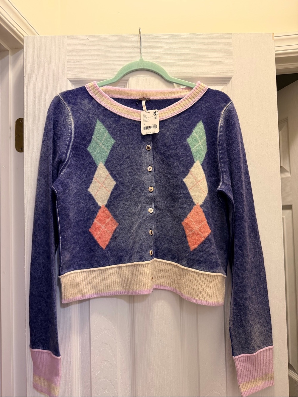 Free People Purple Argyle Cropped Button Cardigan cashmere